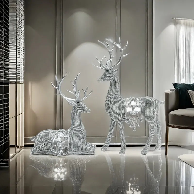 Silver Deer Duo – Resin Decorative Figurines