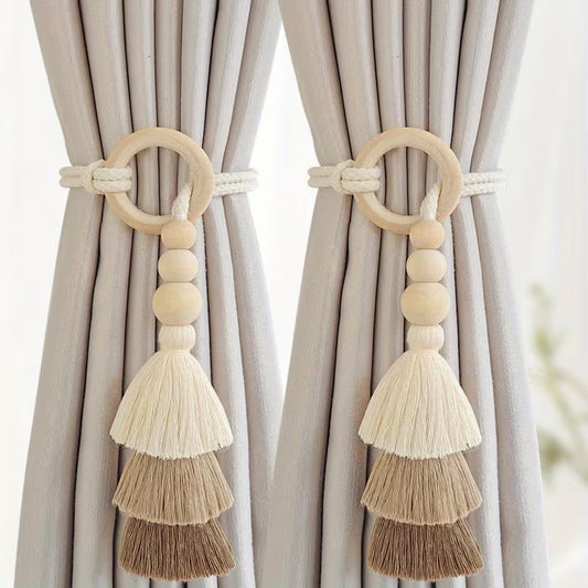 Boho Curtain Tiebacks Tassel and Wood Design