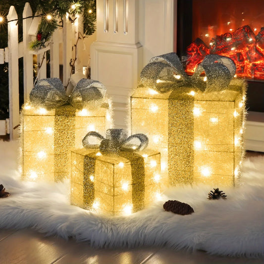 3-Piece Light-Up Gift Box Set – Battery-Powered Holiday Decor
