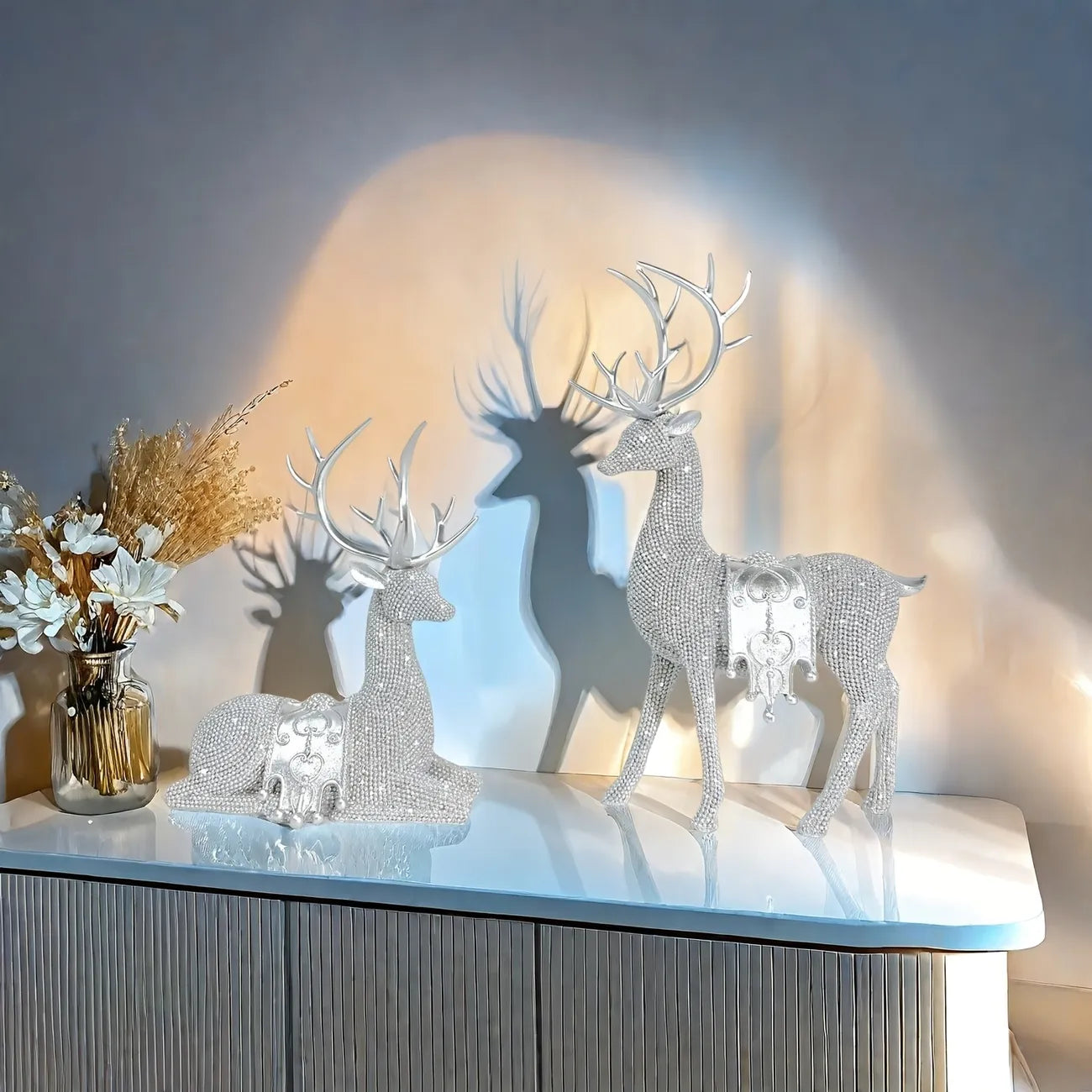 Silver Deer Duo – Resin Decorative Figurines