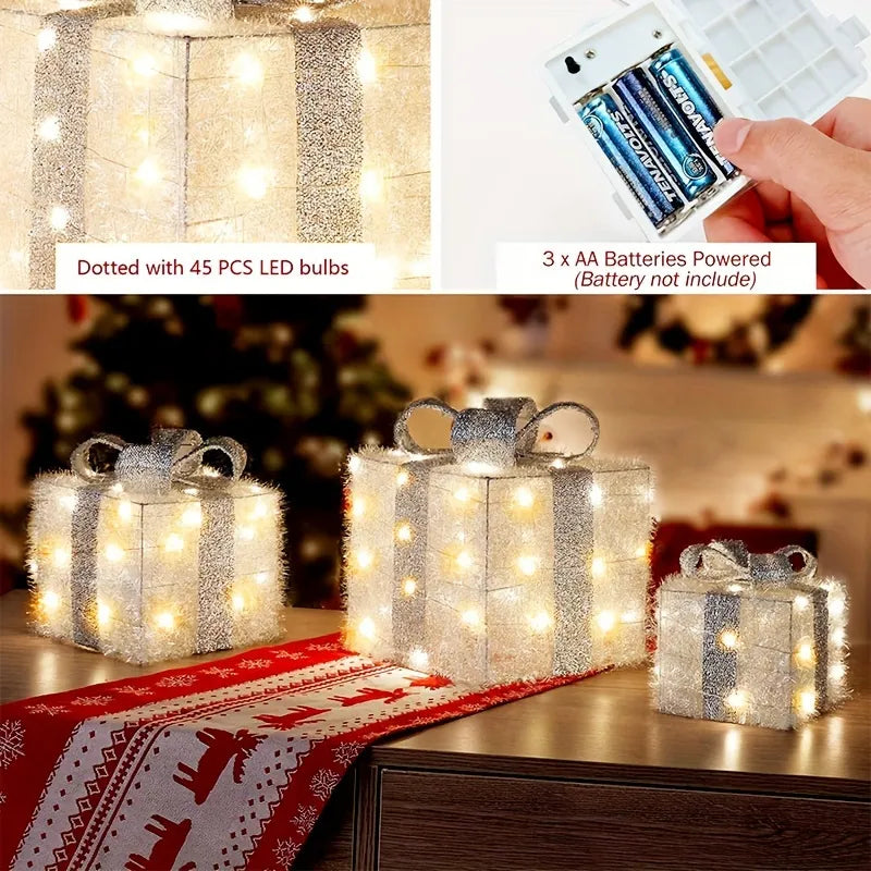 3-Piece Light-Up Gift Box Set – Battery-Powered Holiday Decor